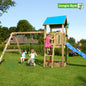 Leikkitornikokonaisuus Jungle Gym Castle 2.1 ja 2-Swing Module 220 ja sininen liukumäki