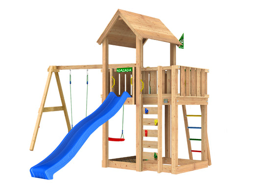 Leikkitorni Jungle Gym Mansion 2.1 ja 2-Swing Module 220 ja sininen liukumäki
