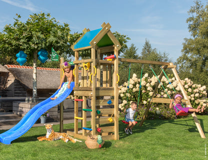 Leikkitornikokonaisuus Jungle Gym Nomad 2-Swing Module 200 ja sininen liukumäki