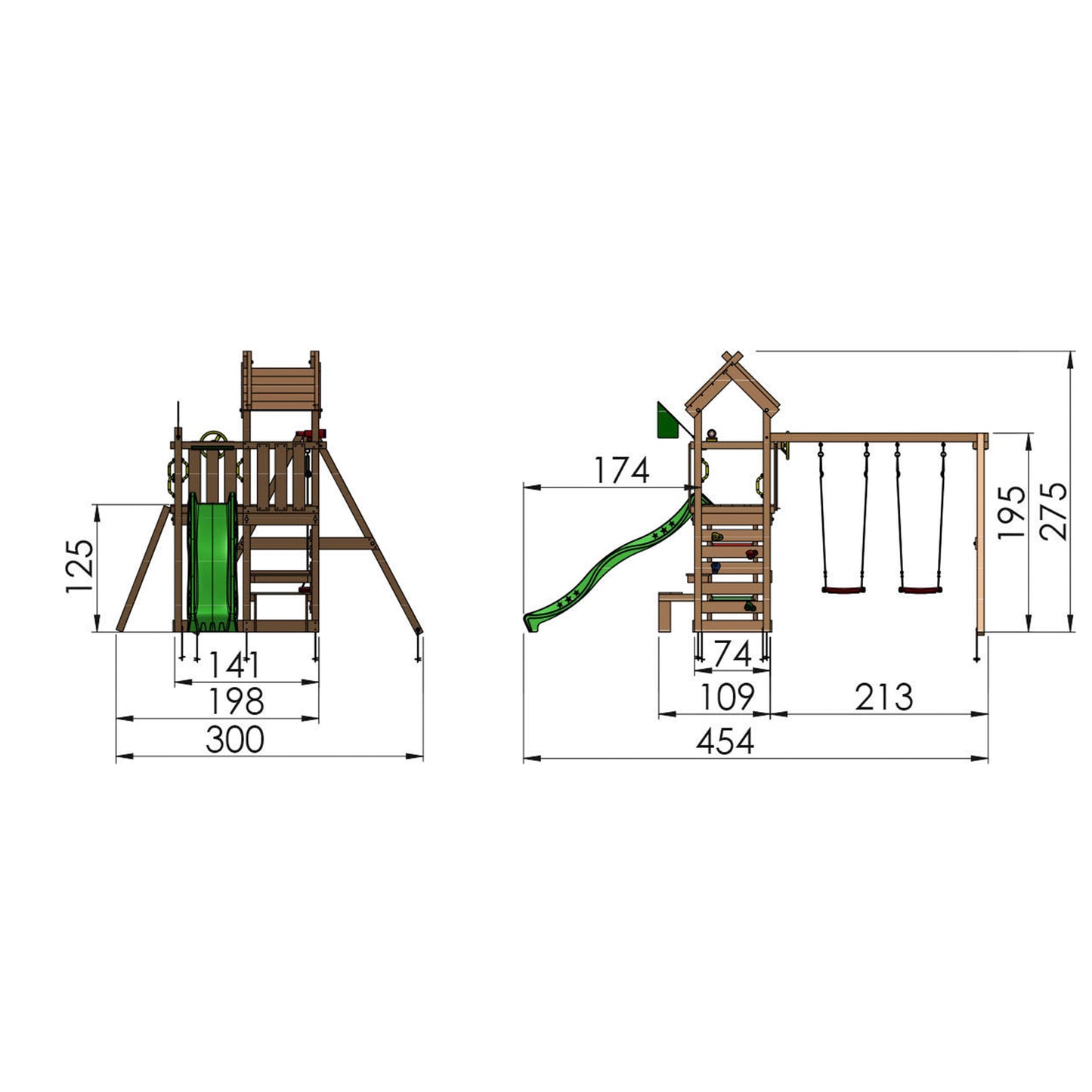 Leikkitorni Jungle Gym Teepee, 2-Swing Module 200 ja keltainen liukumäki