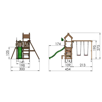 Leikkitorni Jungle Gym Teepee, 2-Swing Module 200 ja keltainen liukumäki