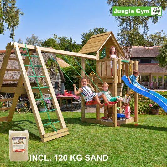 Leikkitornikokonaisuus Jungle Gym Cubby ja 2-Climb Module 220, sininen liukumäki ja 120 kg hiekkaa